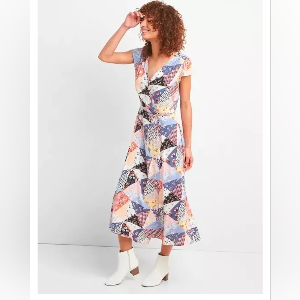 GAP Floral Navy Patchwork Print Midi Wrap Dress - Sz M